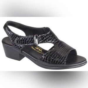 SAS Black Slingback Sandals Womens Size 9.5 M Textured Embossed Shine Leather